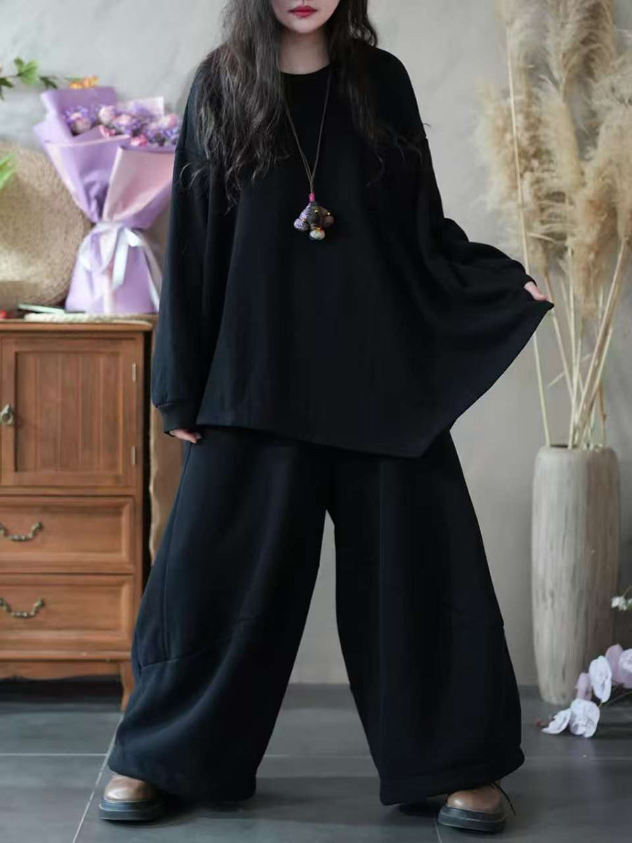 Women Autumn Casual Pure Color Loose Cotton Suits