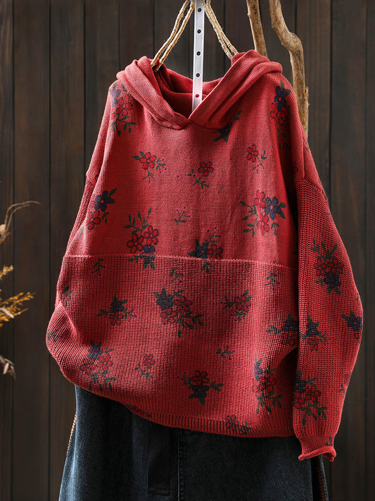 Women Autumn Vintage Flower Knitted Hoodie