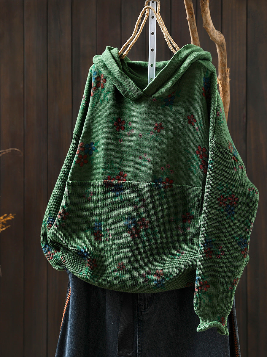 Women Autumn Vintage Flower Knitted Hoodie