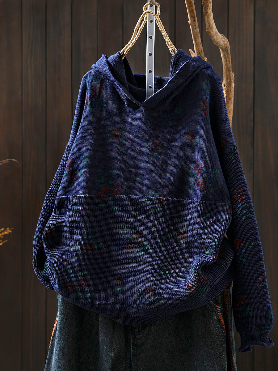Women Autumn Vintage Flower Knitted Hoodie