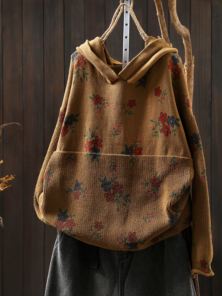 Women Autumn Vintage Flower Knitted Hoodie