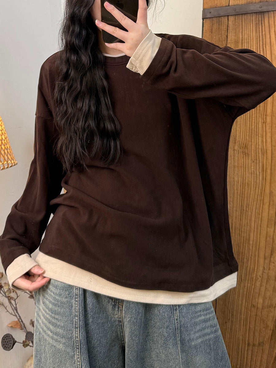 Women Autumn Casual Colorblock O-Neck Blouse