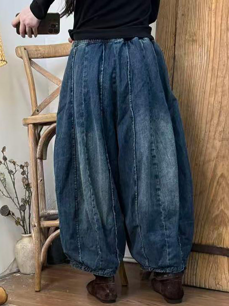 Women Autumn Retro Pure Color Denim Spliced Harem Pants