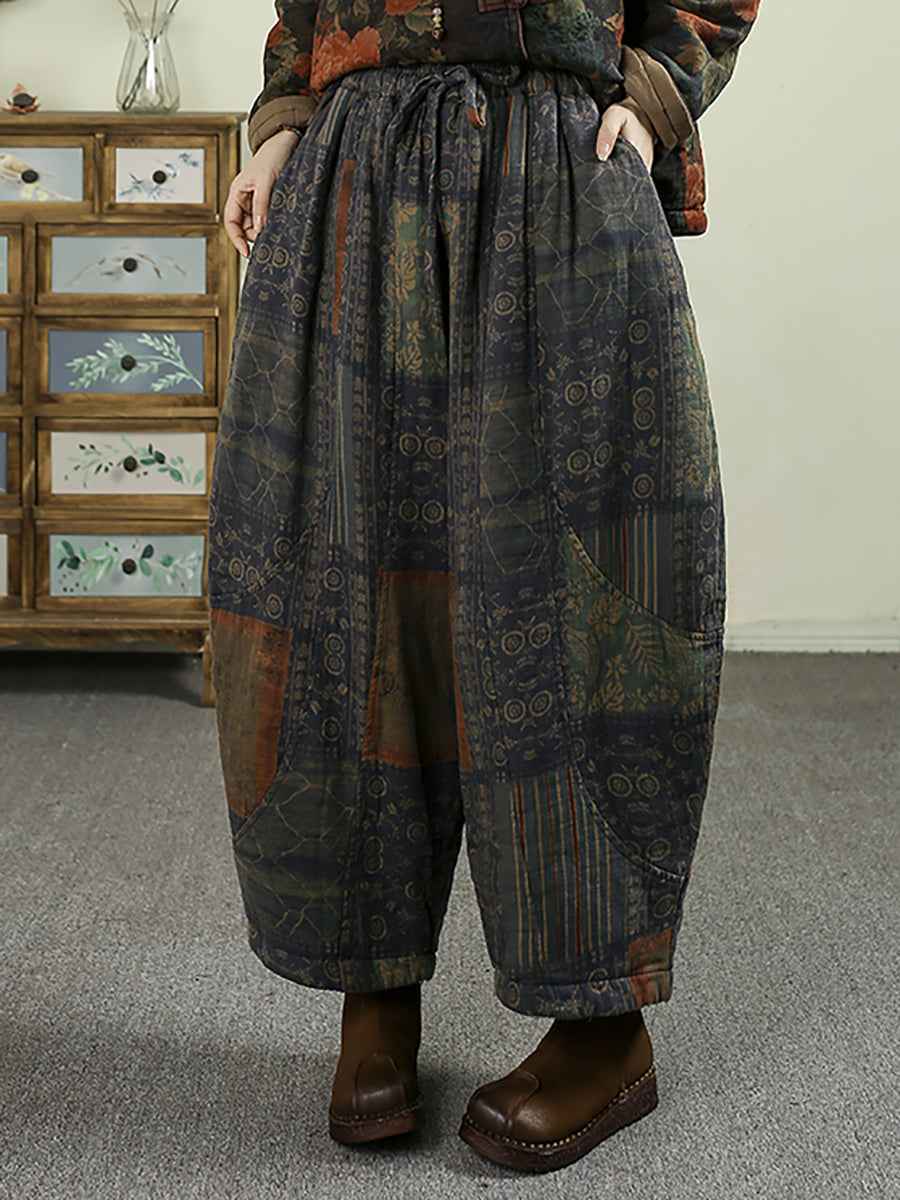 Women Winter Vintage Flower Padded Harem Pants