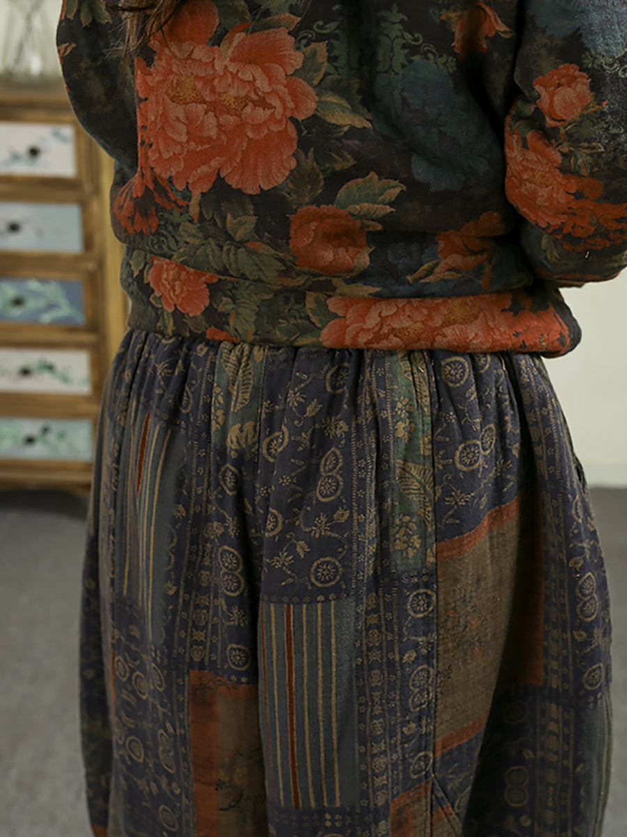 Women Winter Vintage Flower Padded Harem Pants