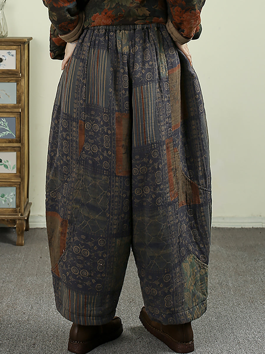 Women Winter Vintage Flower Padded Harem Pants