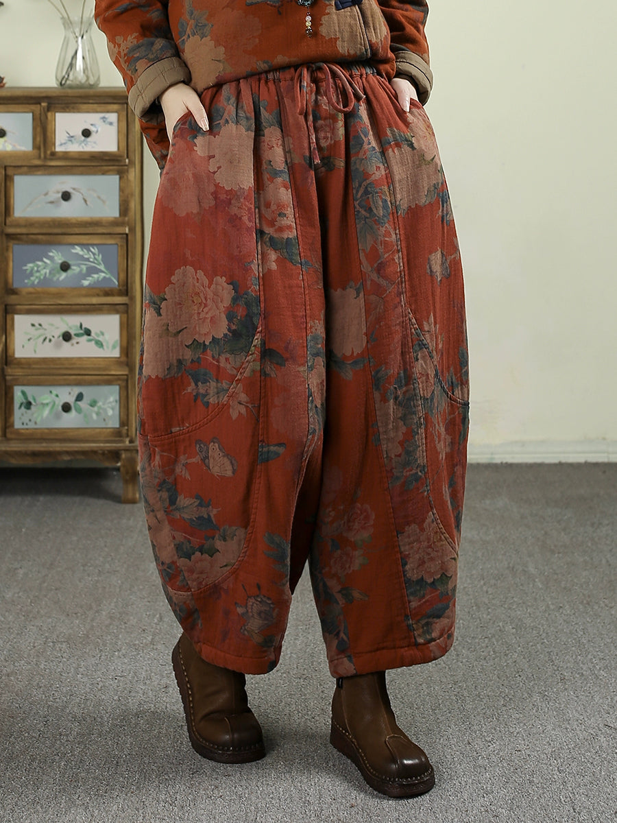 Women Winter Vintage Flower Padded Harem Pants
