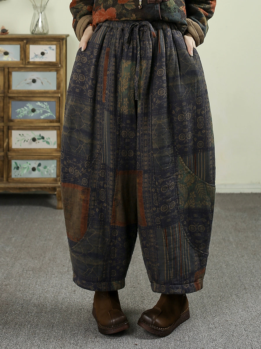 Women Winter Vintage Flower Padded Harem Pants