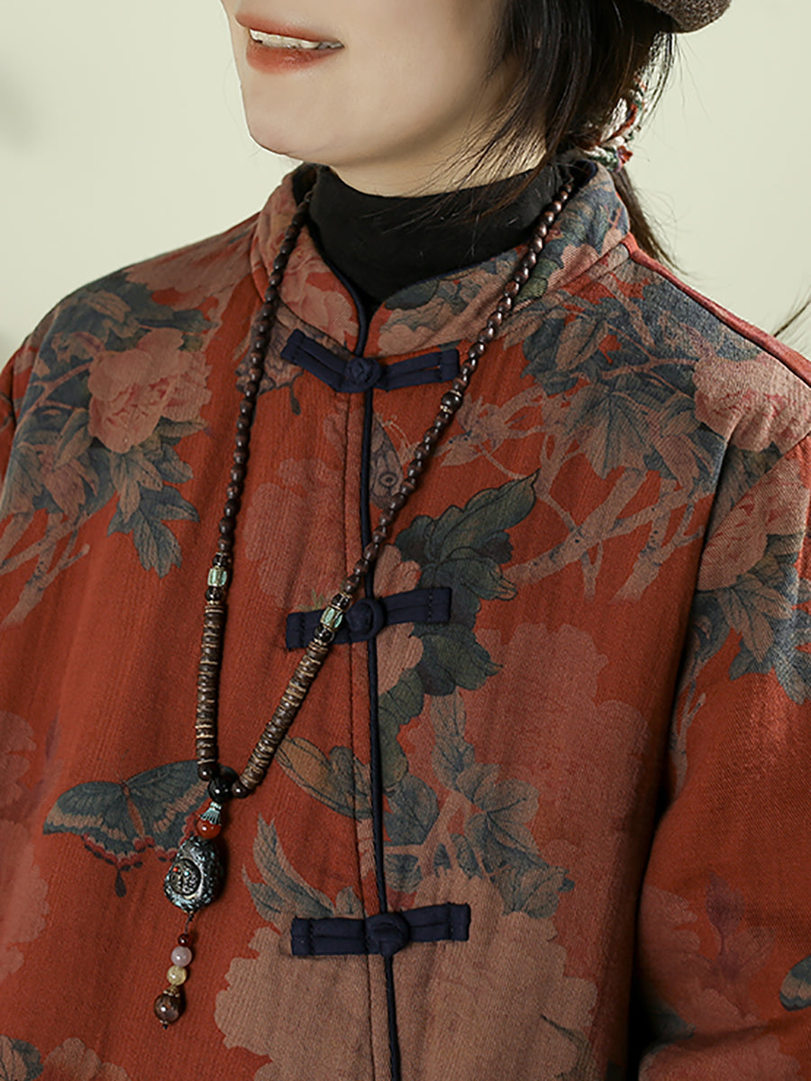 Women Ethnic Autumn Flower Stand Collar Cotton Coat