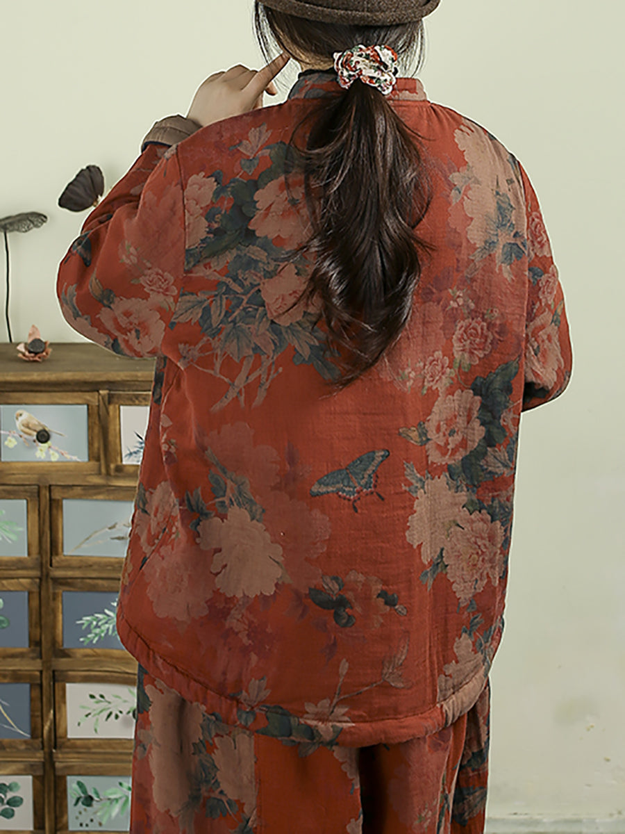 Women Ethnic Autumn Flower Stand Collar Cotton Coat