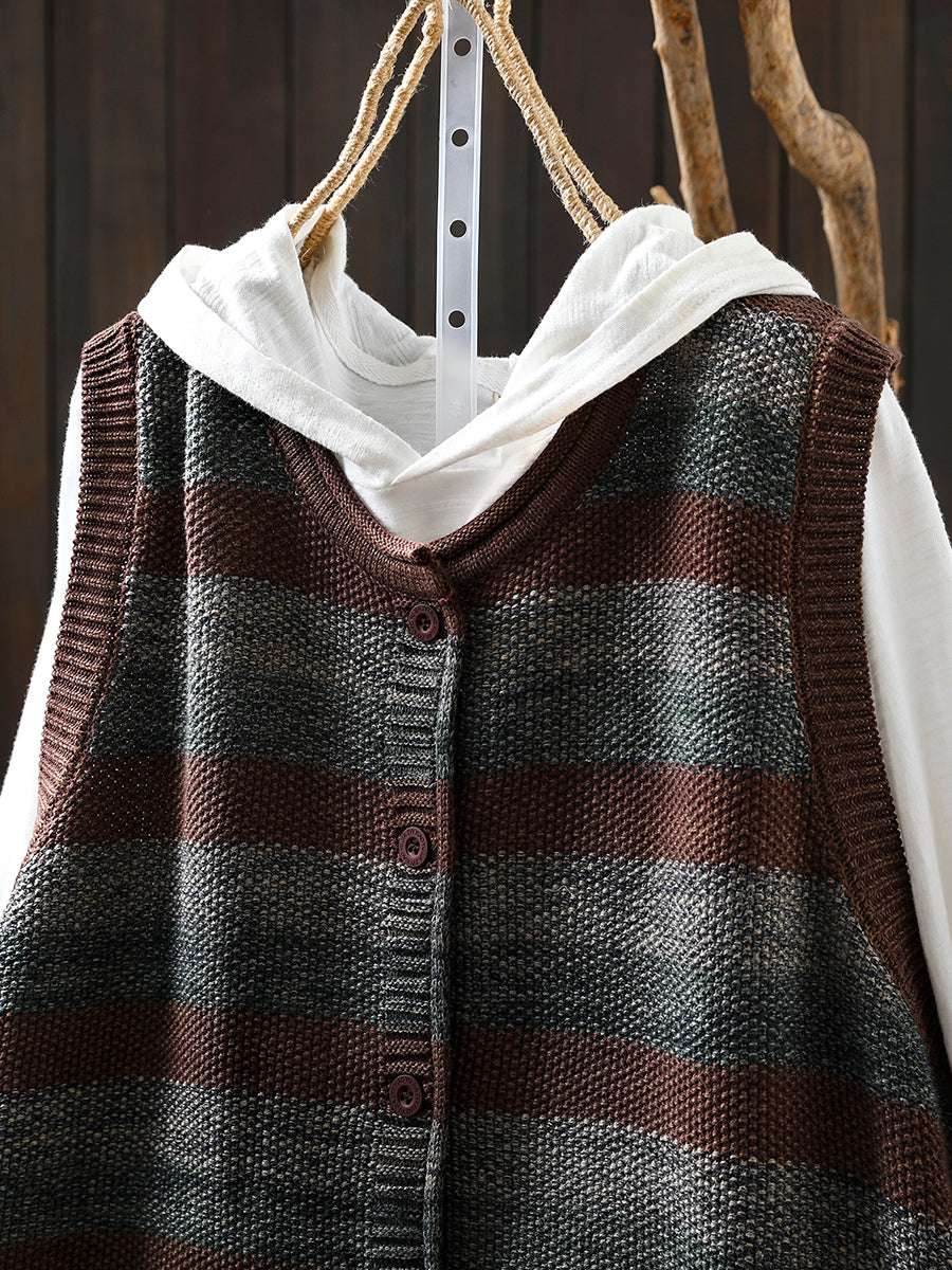 Women Autumn Vintage Stripe O-Neck Knitted Vest
