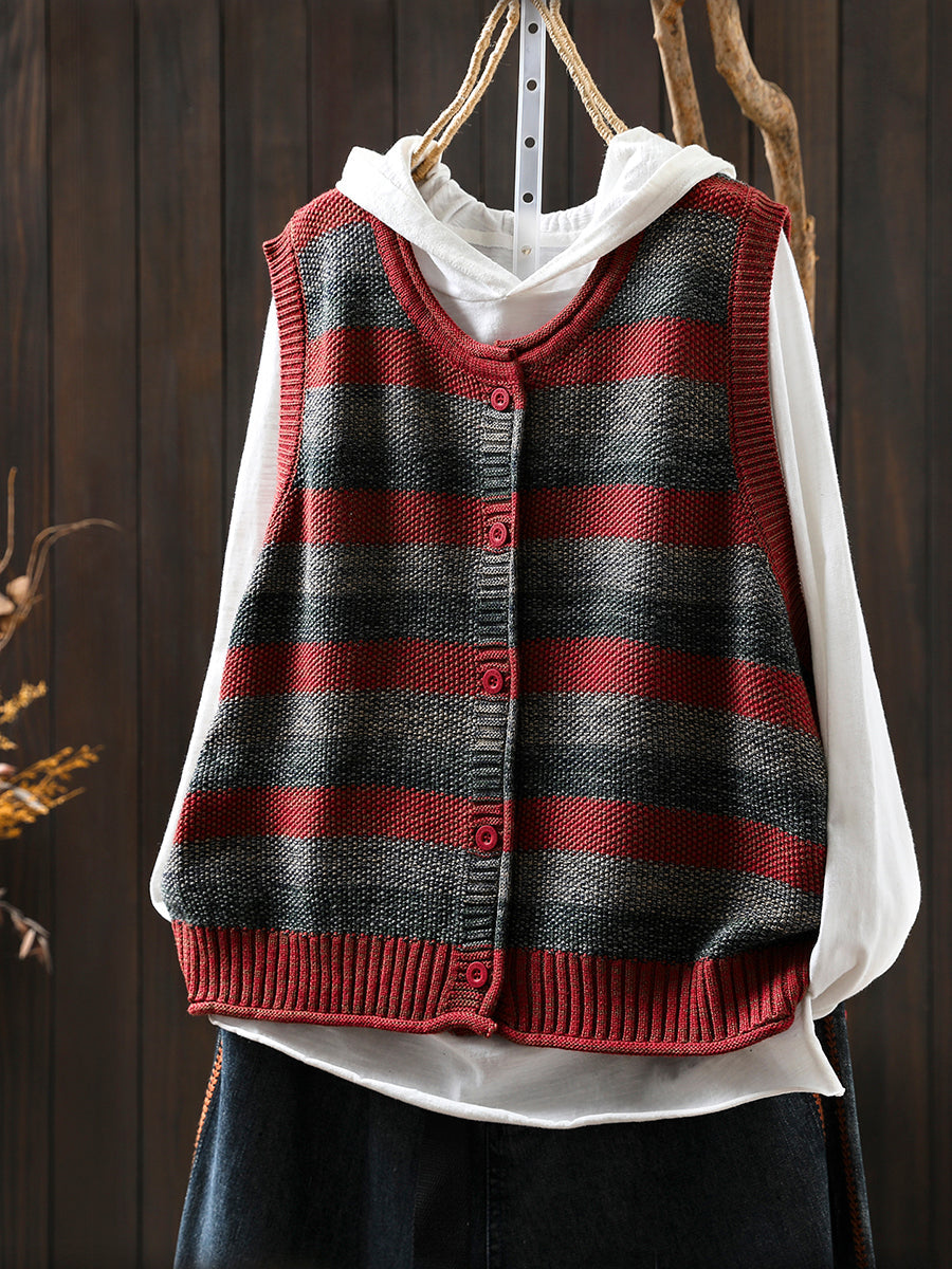 Women Autumn Vintage Stripe O-Neck Knitted Vest