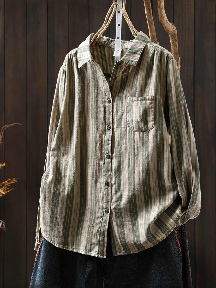 Women Autumn Stripe 100%Cotton Turn-down Collar Shirt