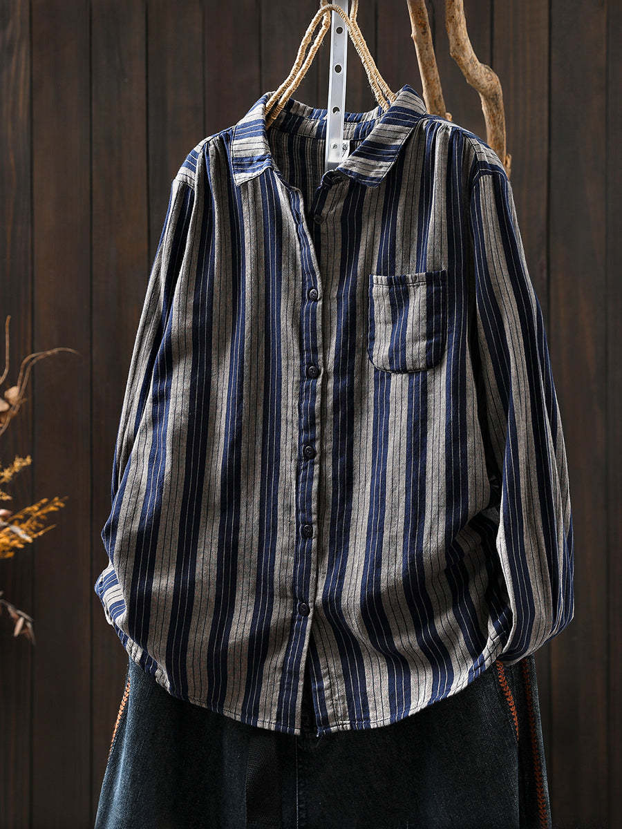 Women Autumn Stripe 100%Cotton Turn-down Collar Shirt