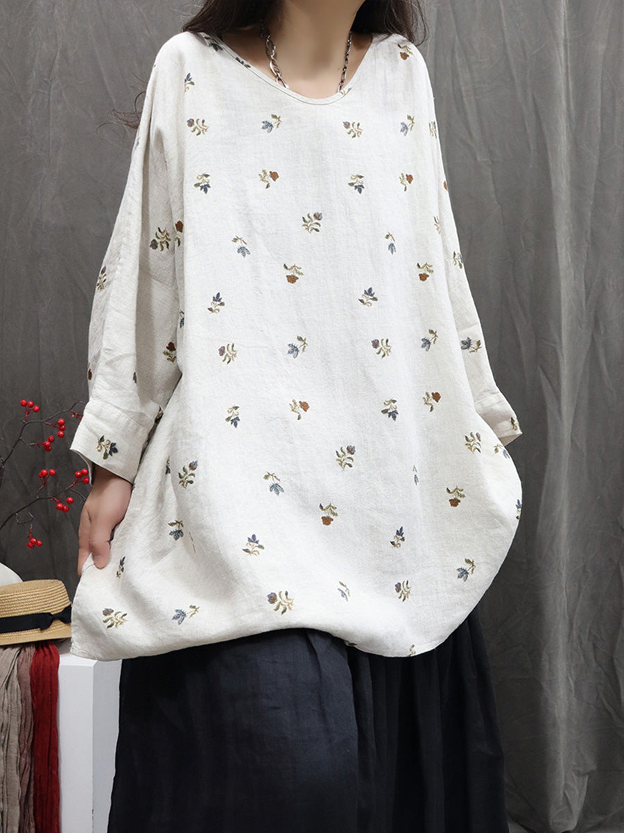 Women Autumn Vintage Flower 100%Linen V-Neck Blouse