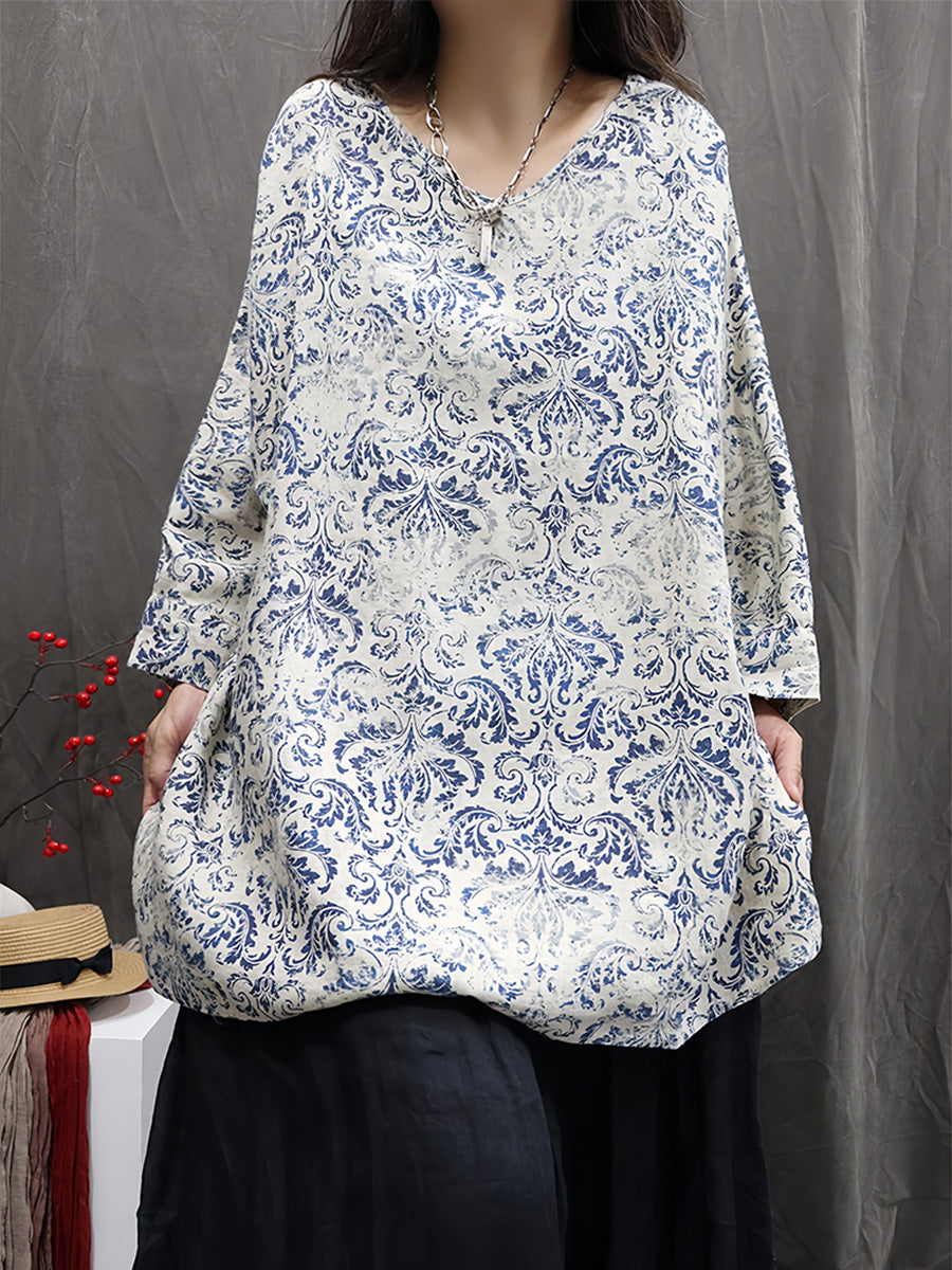 Women Autumn Vintage Flower 100%Linen V-Neck Blouse