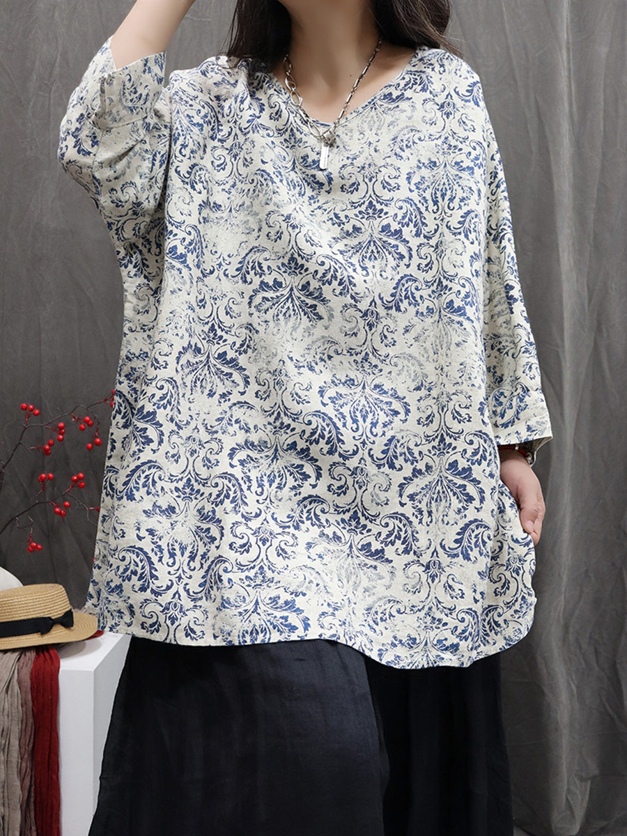 Women Autumn Vintage Flower 100%Linen V-Neck Blouse