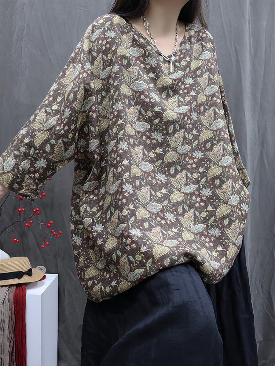 Women Autumn Vintage Flower 100%Linen V-Neck Blouse