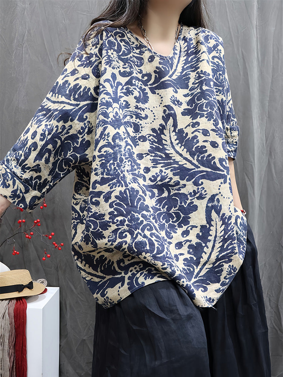 Women Autumn Vintage Flower 100%Linen V-Neck Blouse