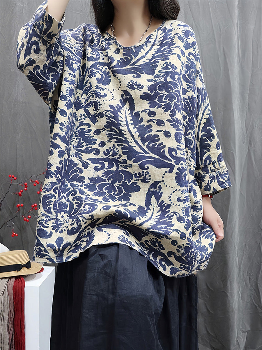 Women Autumn Vintage Flower 100%Linen V-Neck Blouse