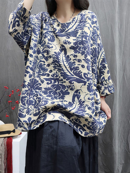 Women Autumn Vintage Flower 100%Linen V-Neck Blouse
