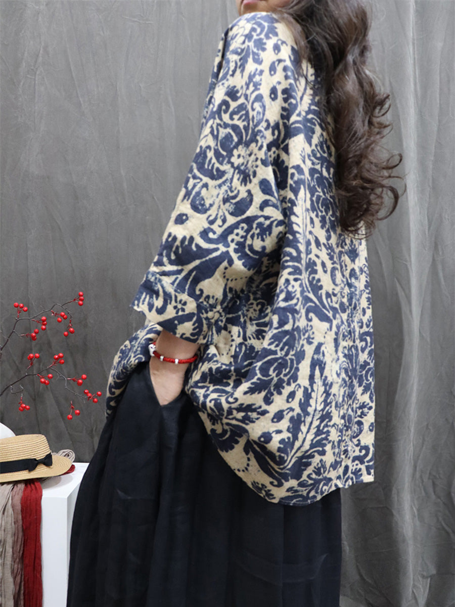 Women Autumn Vintage Flower 100%Linen V-Neck Blouse