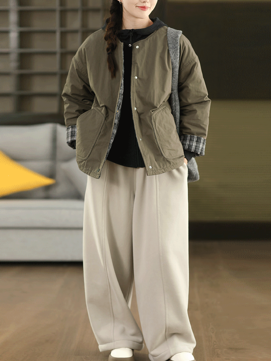 Women Autumn Pure Color 100%Cotton O-Neck Padded Jacket