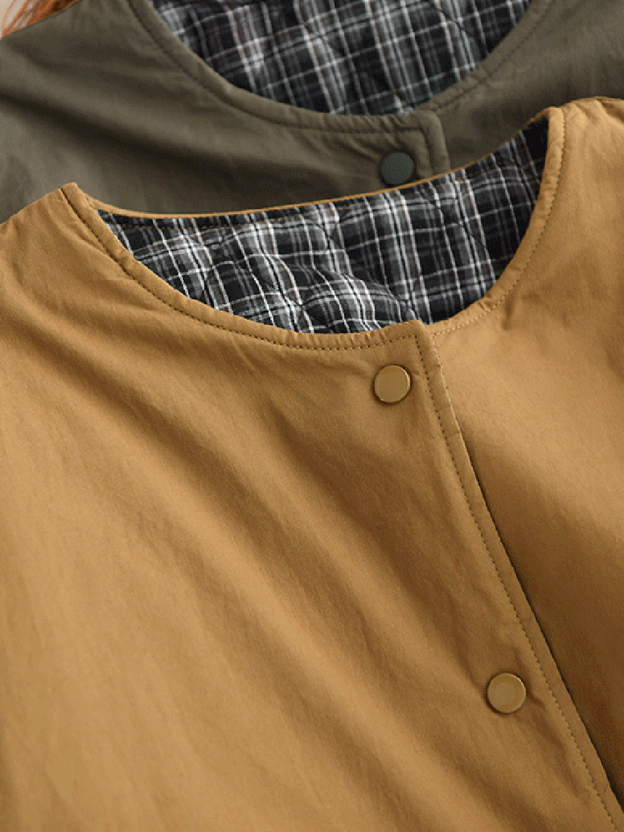 Women Autumn Pure Color 100%Cotton O-Neck Padded Jacket