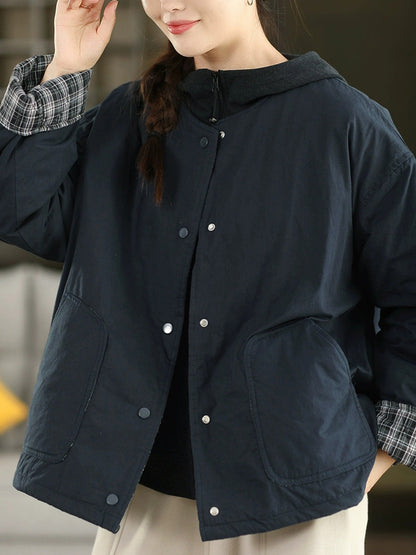 Women Autumn Pure Color 100%Cotton O-Neck Padded Jacket