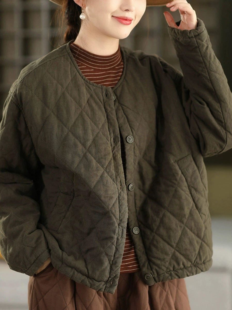 Women Autumn Pure Color 100%Linen O-Neck Padded Jacket