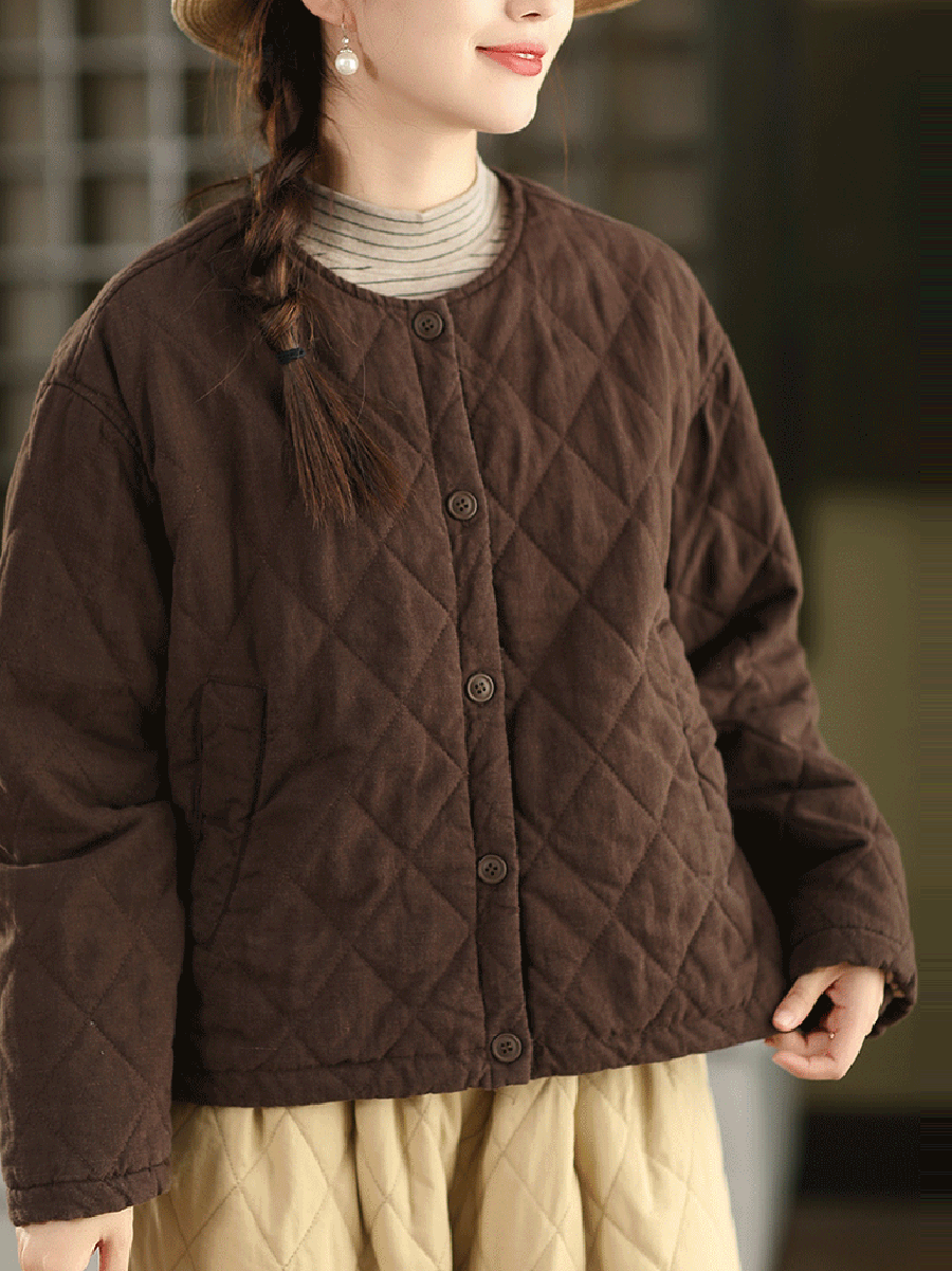 Women Autumn Pure Color 100%Linen O-Neck Padded Jacket