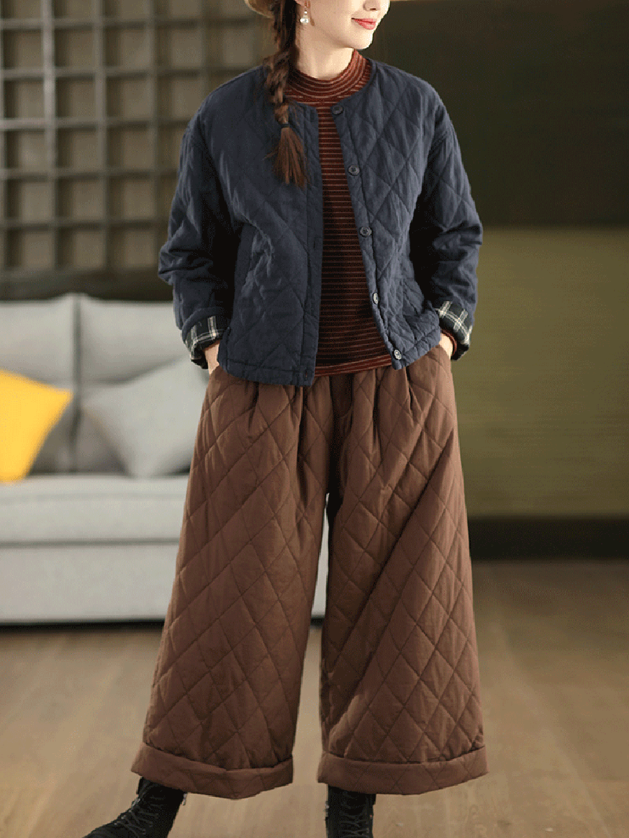 Women Autumn Pure Color 100%Linen O-Neck Padded Jacket