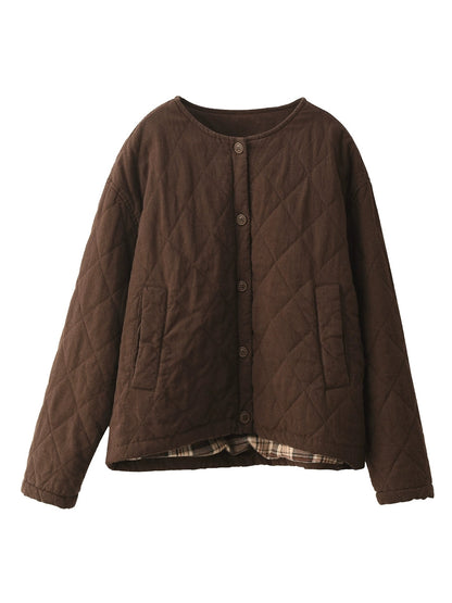Women Autumn Pure Color 100%Linen O-Neck Padded Jacket