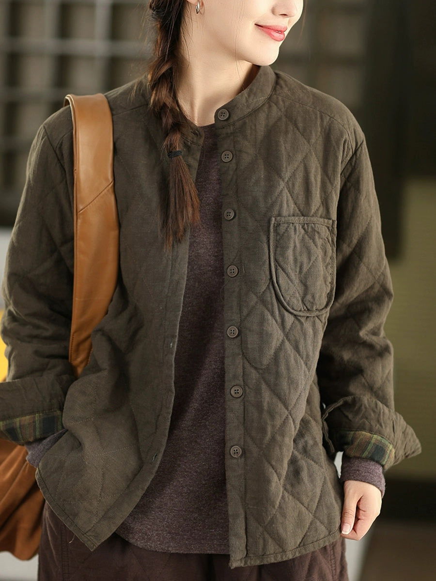 Women Autumn Pure Color 100%Linen Stand Collar Padded Jacket