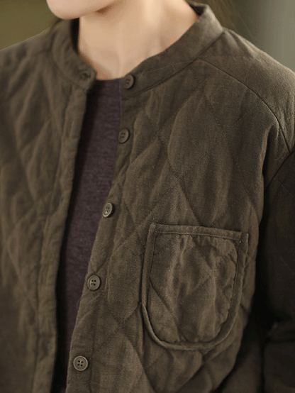 Women Autumn Pure Color 100%Linen Stand Collar Padded Jacket