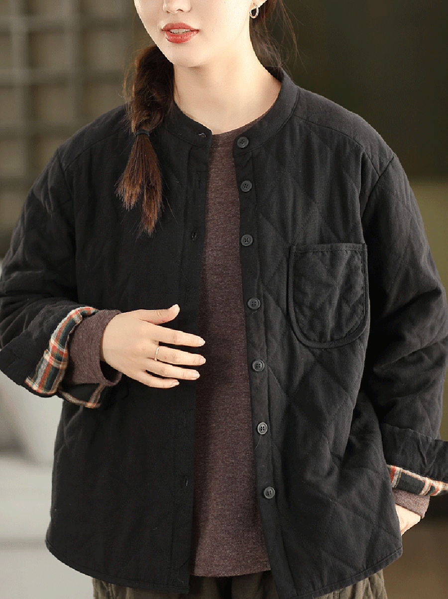 Women Autumn Pure Color 100%Linen Stand Collar Padded Jacket