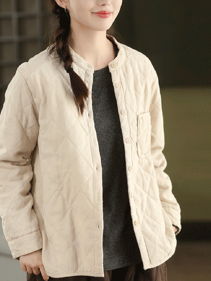 Women Autumn Pure Color 100%Linen Stand Collar Padded Jacket