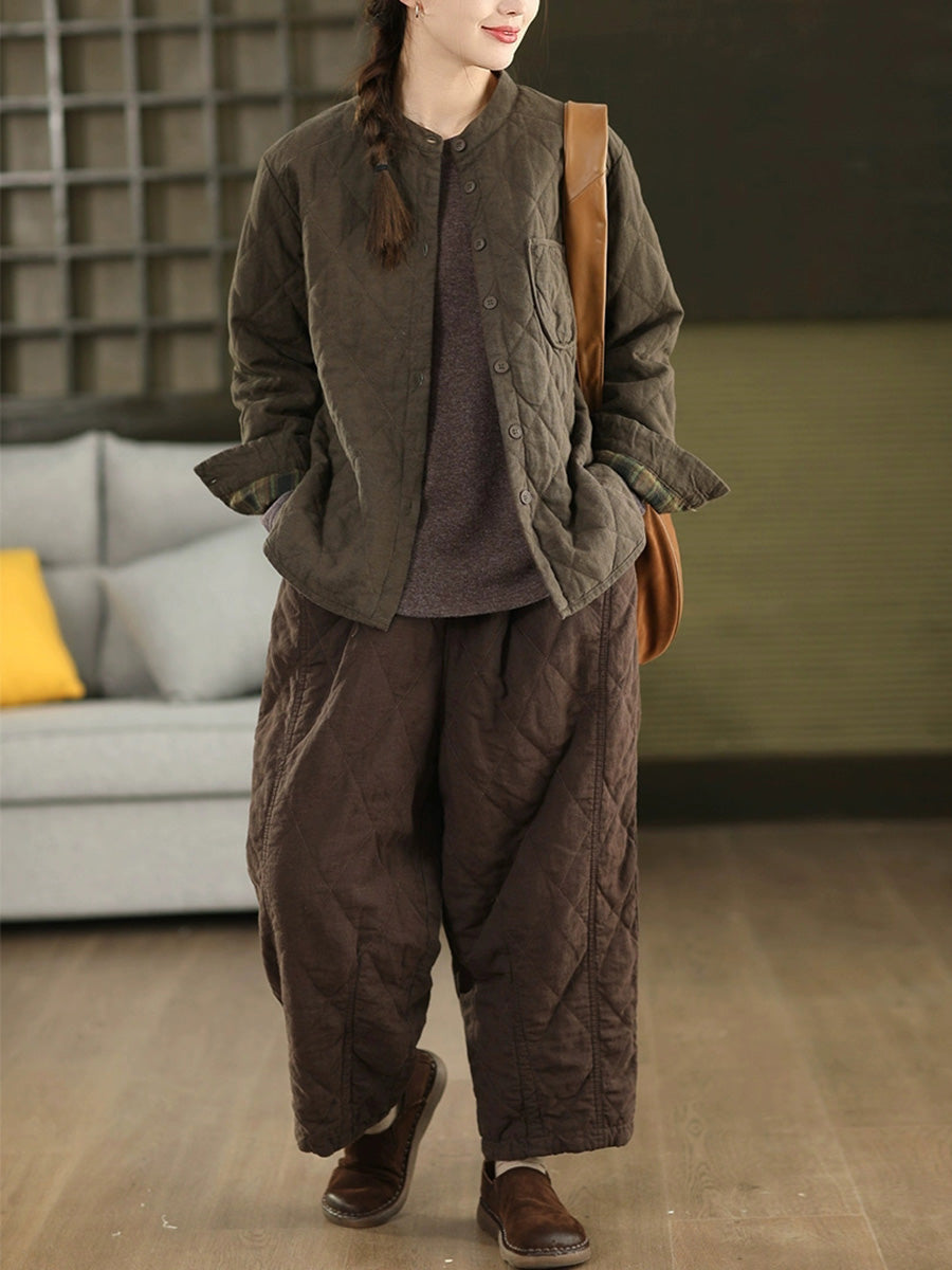 Women Autumn Pure Color 100%Linen Stand Collar Padded Jacket