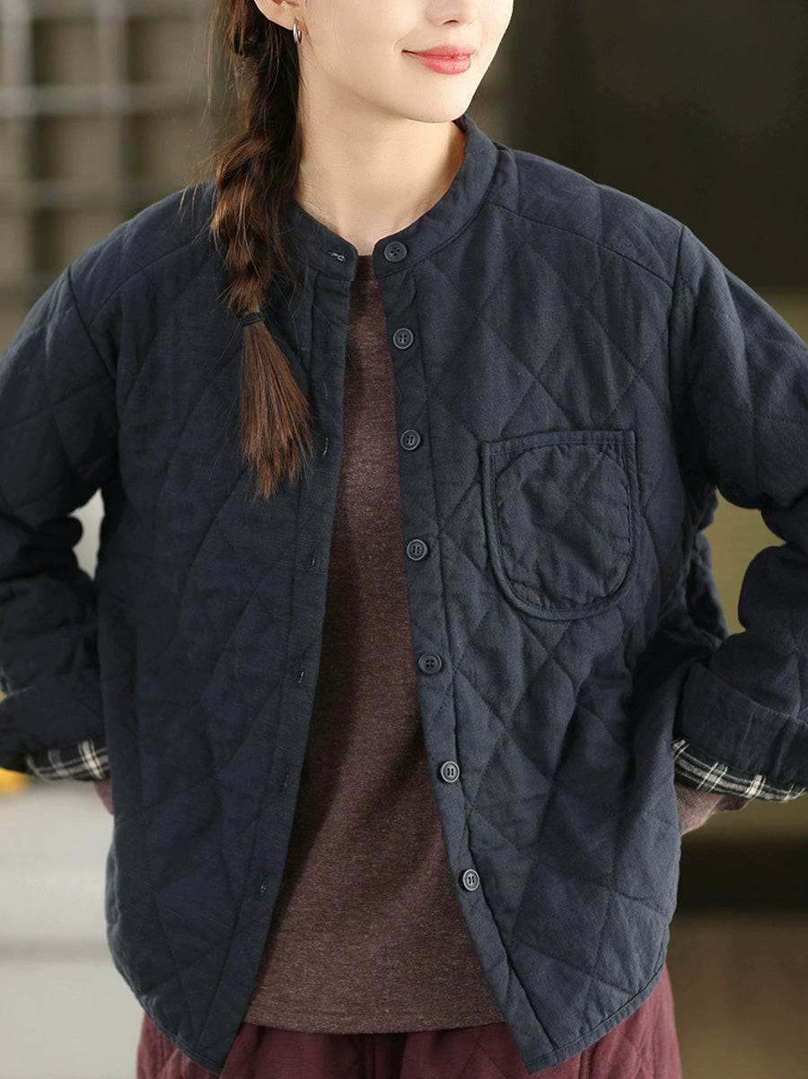 Women Autumn Pure Color 100%Linen Stand Collar Padded Jacket