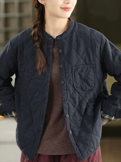 Women Autumn Pure Color 100%Linen Stand Collar Padded Jacket