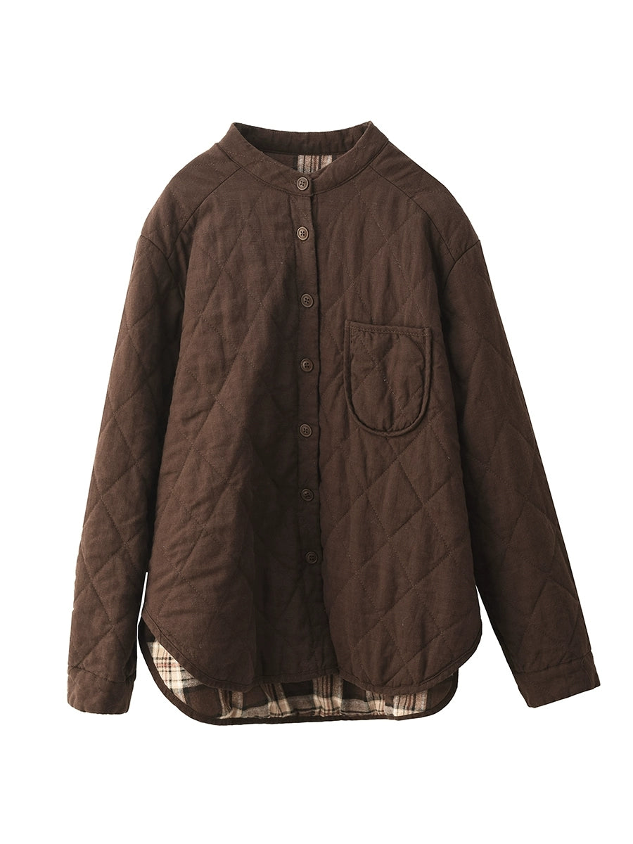 Women Autumn Pure Color 100%Linen Stand Collar Padded Jacket