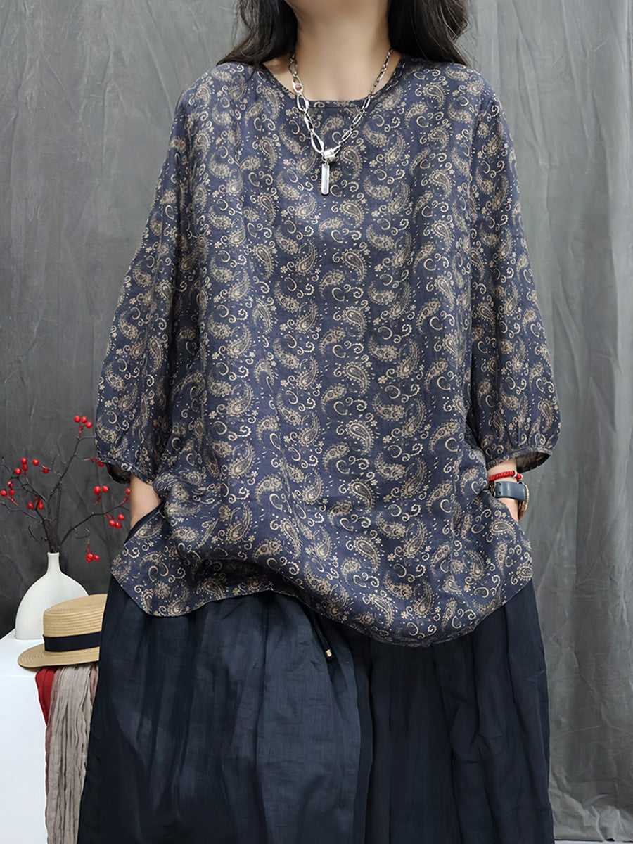 Women Autumn Vintage Floral 100%Linen O-Neck Blouse