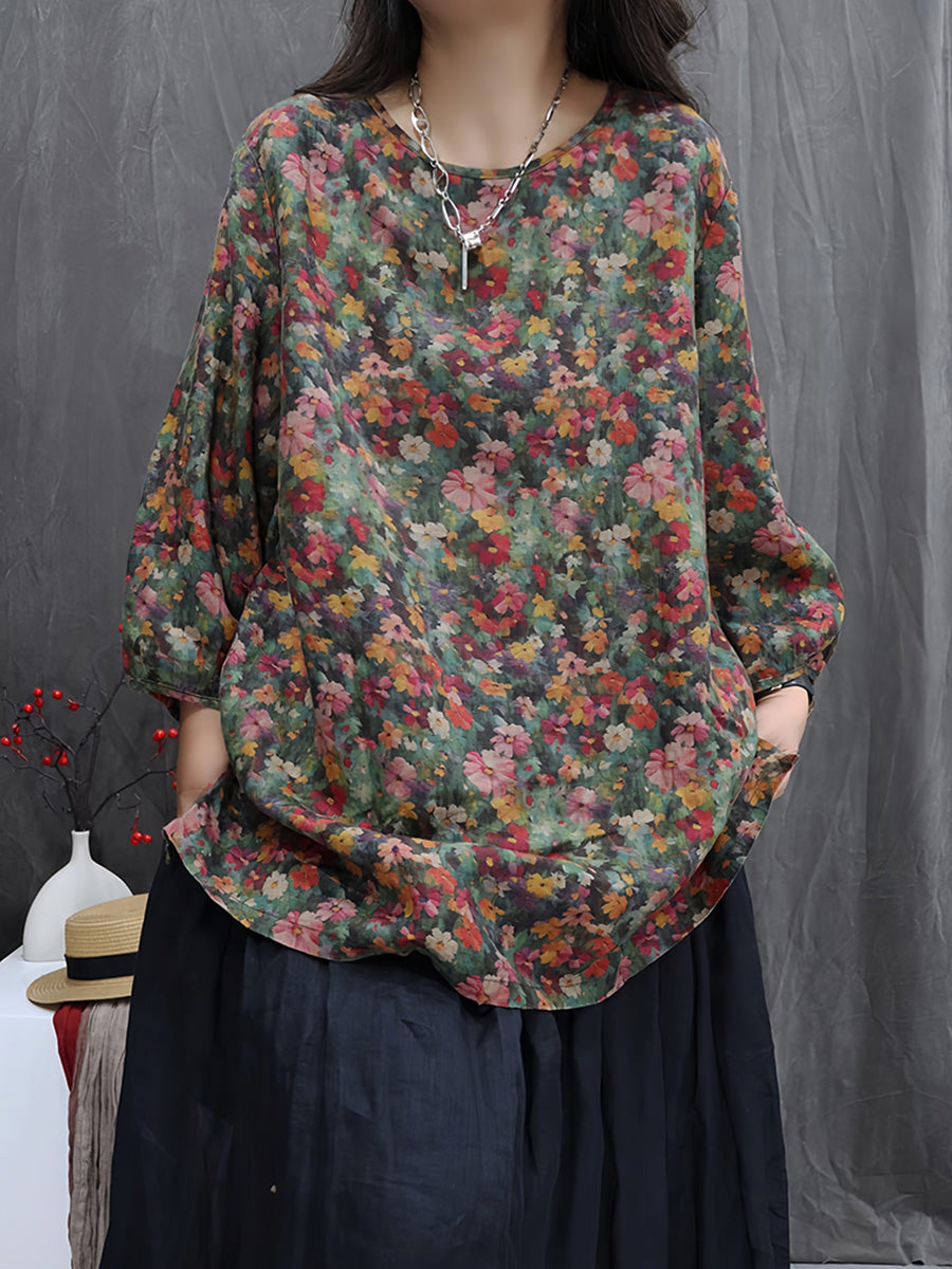 Women Autumn Vintage Floral 100%Linen O-Neck Blouse
