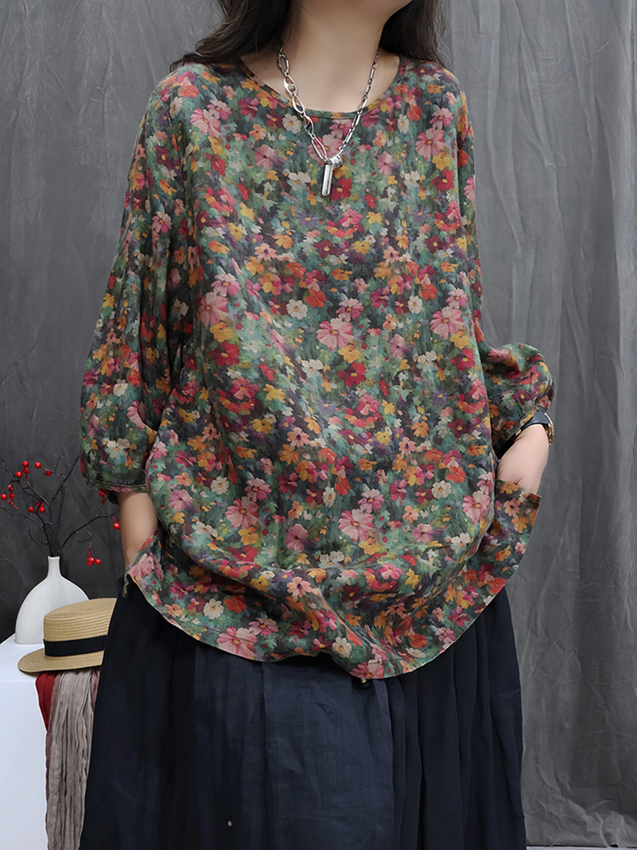 Women Autumn Vintage Floral 100%Linen O-Neck Blouse