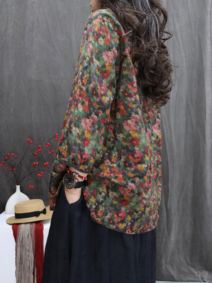 Women Autumn Vintage Floral 100%Linen O-Neck Blouse