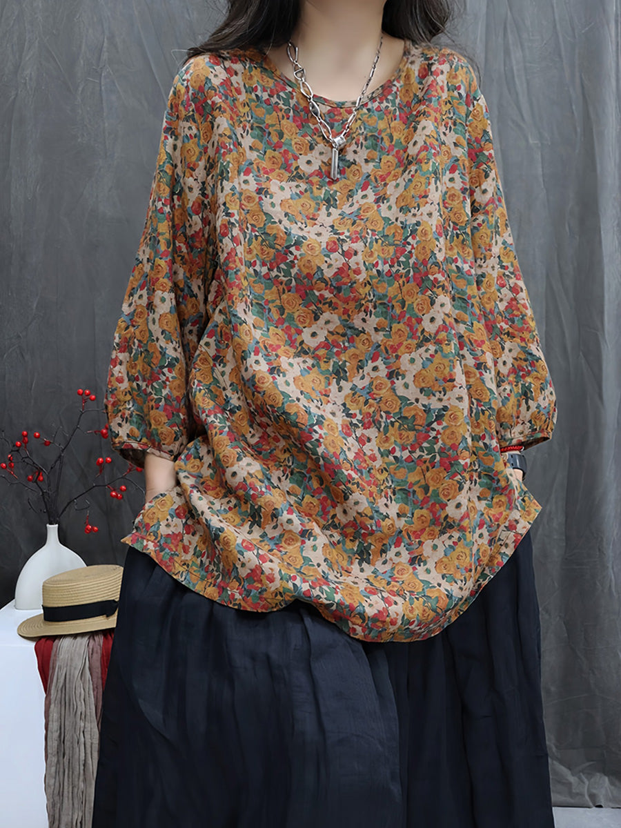 Women Autumn Vintage Floral 100%Linen O-Neck Blouse