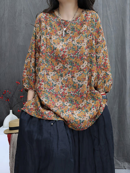 Women Autumn Vintage Floral 100%Linen O-Neck Blouse