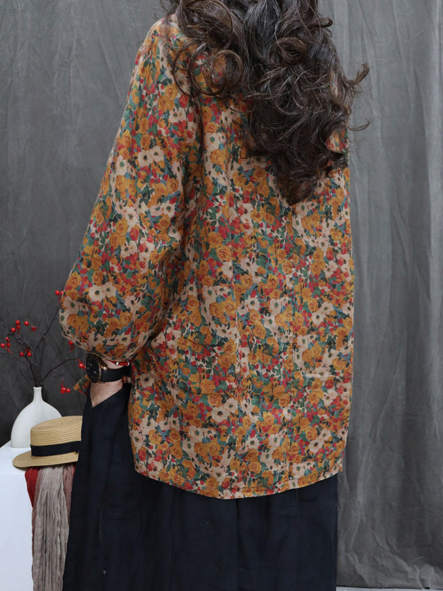 Women Autumn Vintage Floral 100%Linen O-Neck Blouse