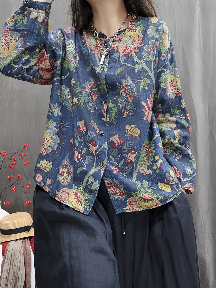 Women Autumn Vintage Flower 100%Linen O-Neck Shirt
