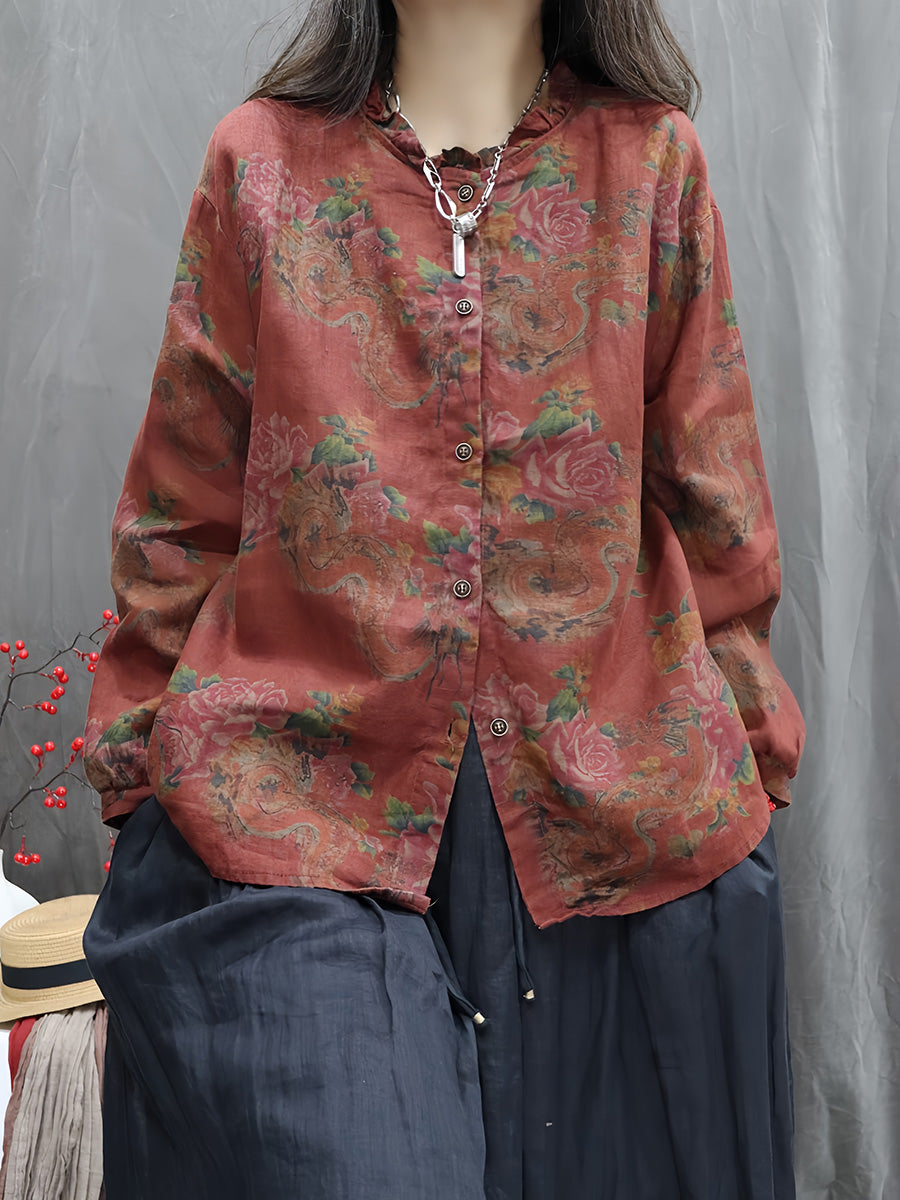 Women Autumn Vintage Flower 100%Linen O-Neck Shirt